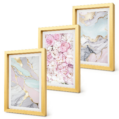 Framed triptych Pink flowers with marble and pastel patterns