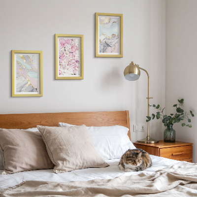 Framed triptych Pink flowers with marble and pastel patterns