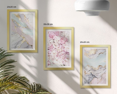 Framed triptych Pink flowers with marble and pastel patterns