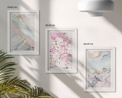 Framed triptych Pink flowers with marble and pastel patterns