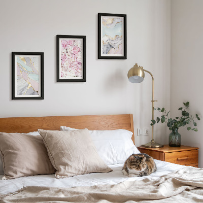 Framed triptych Pink flowers with marble and pastel patterns