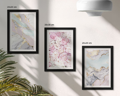 Framed triptych Pink flowers with marble and pastel patterns