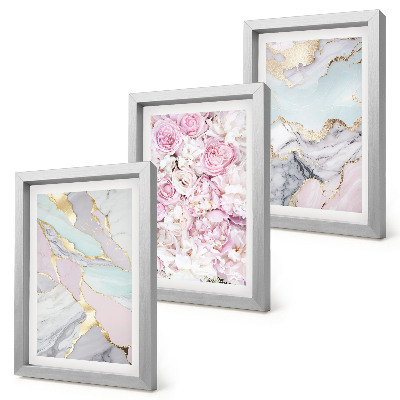 Framed triptych Pink flowers with marble and pastel patterns
