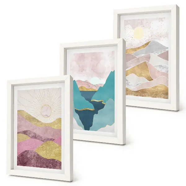 3-piece abstract mountain and sun wall art set featuring a landscape design