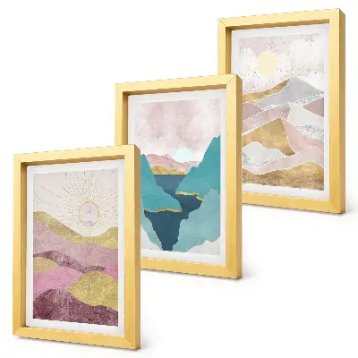 3-piece abstract mountain and sun wall art set featuring a landscape design