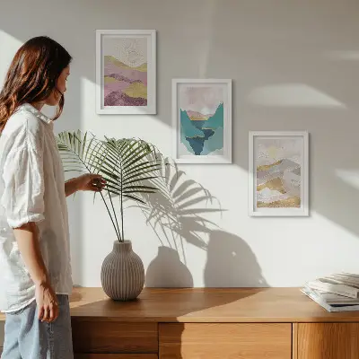 3-piece abstract mountain and sun wall art set featuring a landscape design