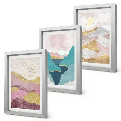 3-piece abstract mountain and sun wall art set featuring a landscape design