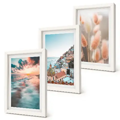 Photo frame wall gallery set coastal sunset with colorful houses and flowers theme