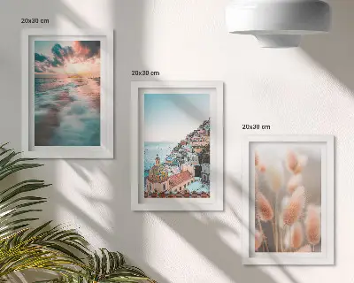 Photo frame wall gallery set coastal sunset with colorful houses and flowers theme