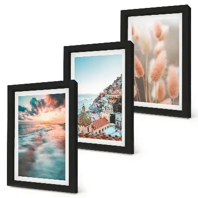 Photo frame wall gallery set coastal sunset with colorful houses and flowers theme