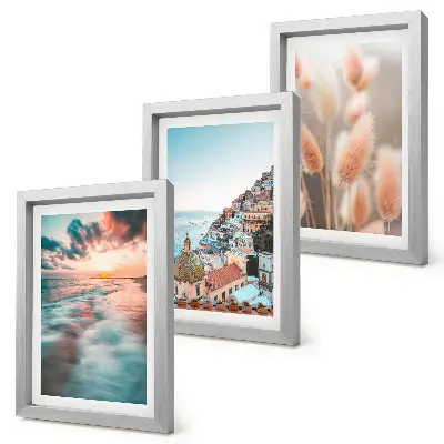 Photo frame wall gallery set coastal sunset with colorful houses and flowers theme