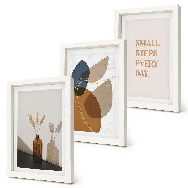 Framed triptych with abstract shapes and natural accents