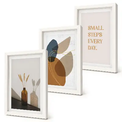 Framed triptych with abstract shapes and natural accents