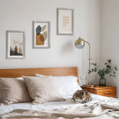 Framed triptych with abstract shapes and natural accents