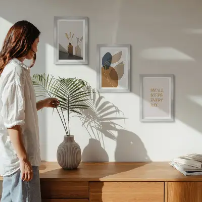 Framed triptych Abstract shapes and natural accents included