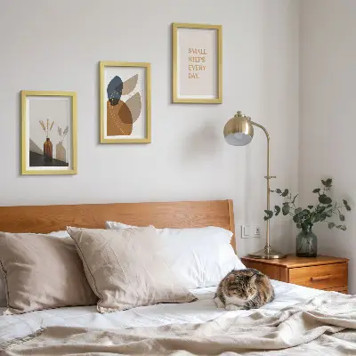 Framed triptych with abstract shapes and natural accents