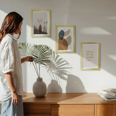 Framed triptych with abstract shapes and natural accents