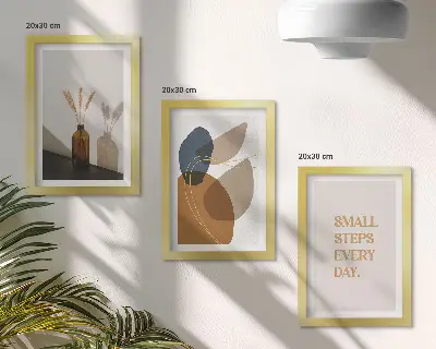 Framed triptych with abstract shapes and natural accents