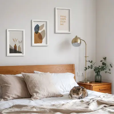 Framed triptych with abstract shapes and natural accents