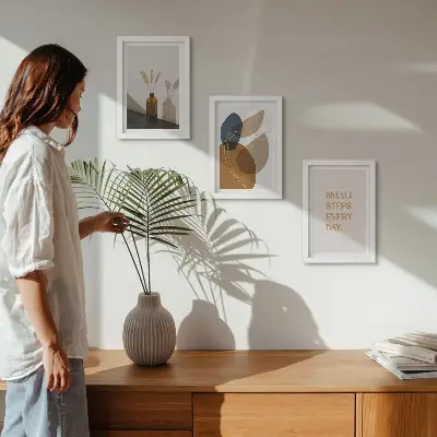 Framed triptych with abstract shapes and natural accents