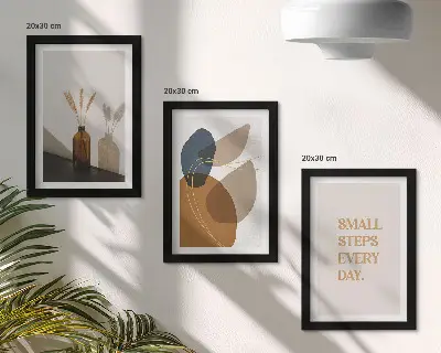 Framed triptych with abstract shapes and natural accents