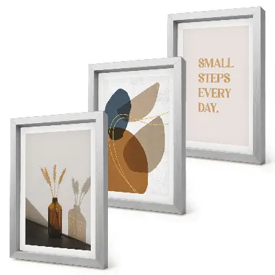 Framed triptych with abstract shapes and natural accents