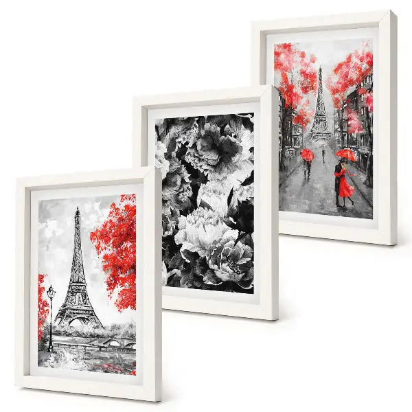 3-piece Eiffel Tower wall art set gray paintings with red accents