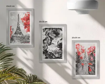 3-piece wall art set Eiffel Tower gray paintings with red accents