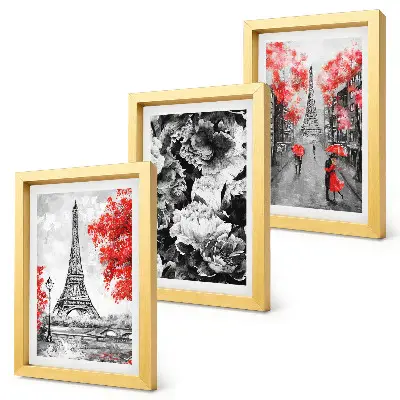 3-piece wall art set Eiffel Tower gray paintings with red accents