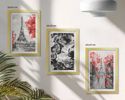 3-piece wall art set Eiffel Tower gray paintings with red accents