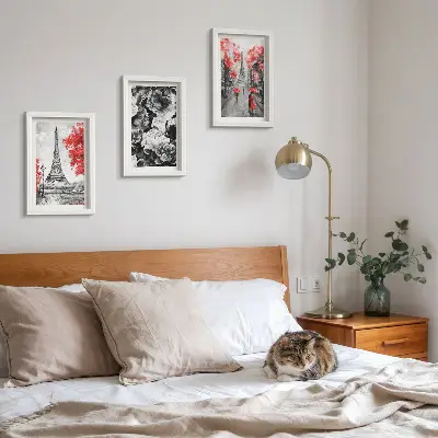 3-piece wall art set Eiffel Tower gray paintings with red accents