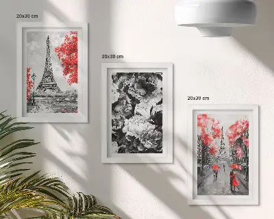 3-piece Eiffel Tower wall art set gray paintings with red accents