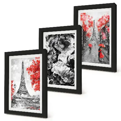 3-piece Eiffel Tower wall art set gray paintings with red accents