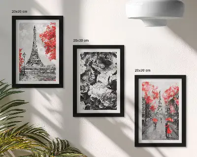 3-piece wall art set Eiffel Tower gray paintings with red accents