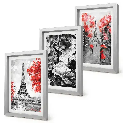 3-piece Eiffel Tower wall art set gray paintings with red accents