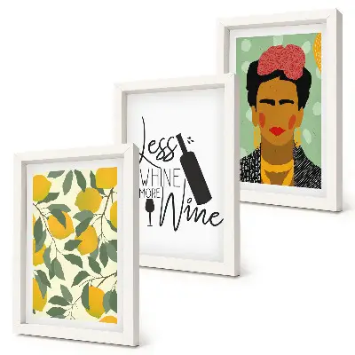 Photo frame wall gallery set featuring Frida Kahlo portrait and wine slogan lemons art