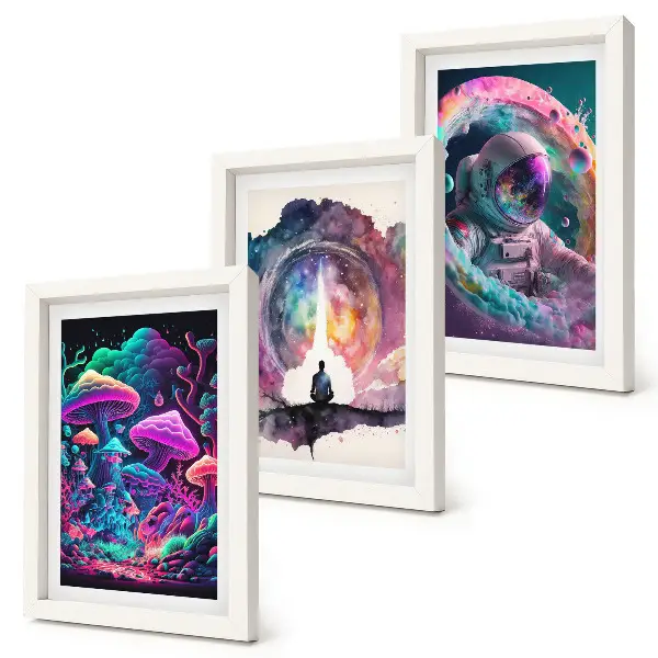 Framed fantasy illustration triptych colorful artwork in a three piece set