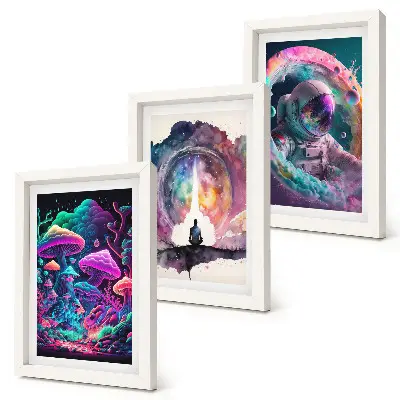 Framed fantasy illustration triptych colorful artwork in a three piece set