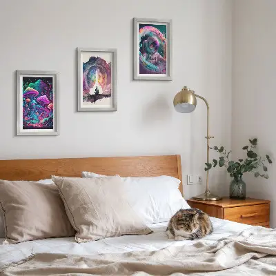 Framed fantasy illustration triptych colorful artwork in a three piece set