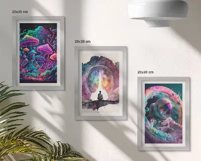 Framed fantasy illustration triptych colorful artwork in a three piece set
