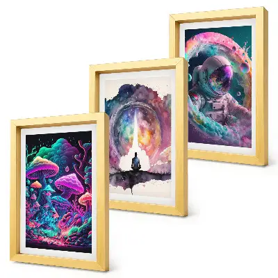 Framed fantasy illustration triptych colorful artwork in a three piece set