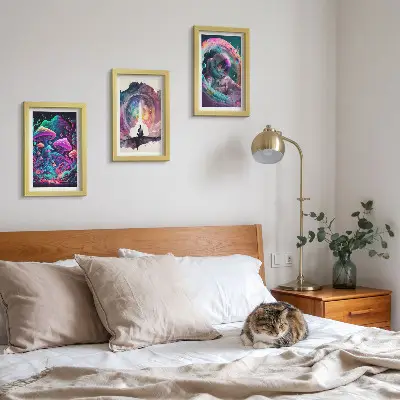 Framed fantasy illustration triptych colorful artwork in a three piece set