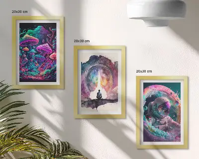 Framed fantasy illustration triptych colorful artwork in a three piece set
