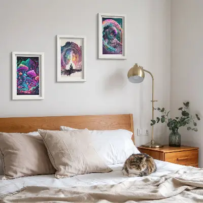 Framed fantasy illustration triptych colorful artwork in a three piece set