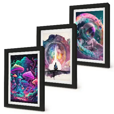 Framed fantasy illustration triptych colorful artwork in a three piece set