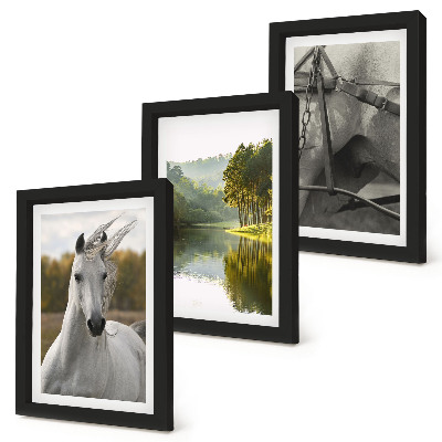 3-piece wall art set White horses by the river nature landscape