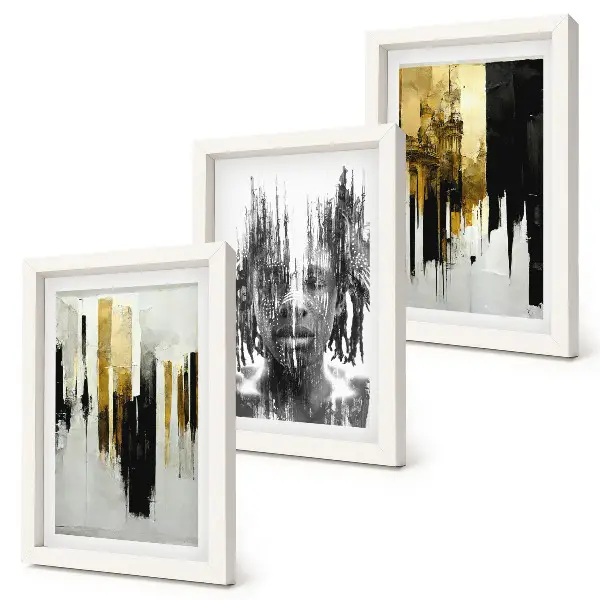 Framed triptych Contrasting abstractions with portraiture and architecture