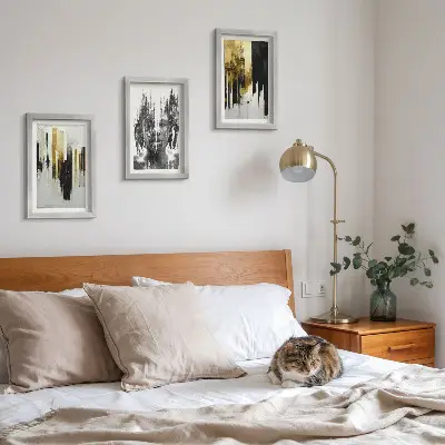 Framed triptych Contrasting abstractions with portraiture and architecture