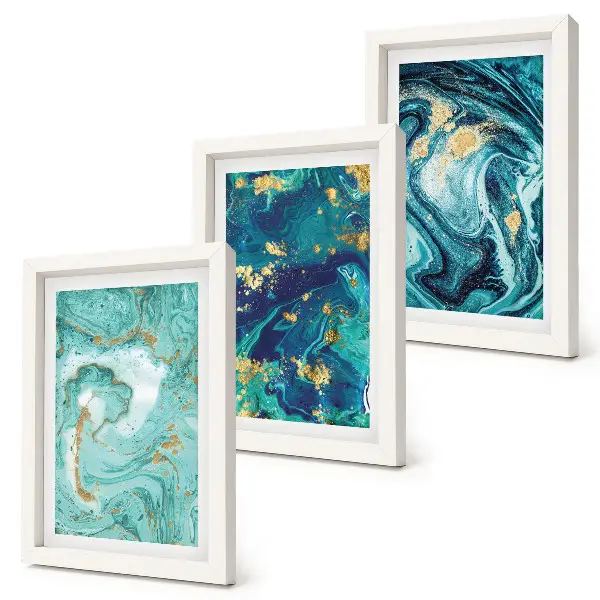 Turquoise abstraction of spilled paint framed triptych