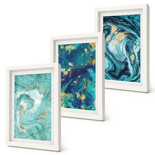 Framed triptych Turquoise abstraction of spilled paint